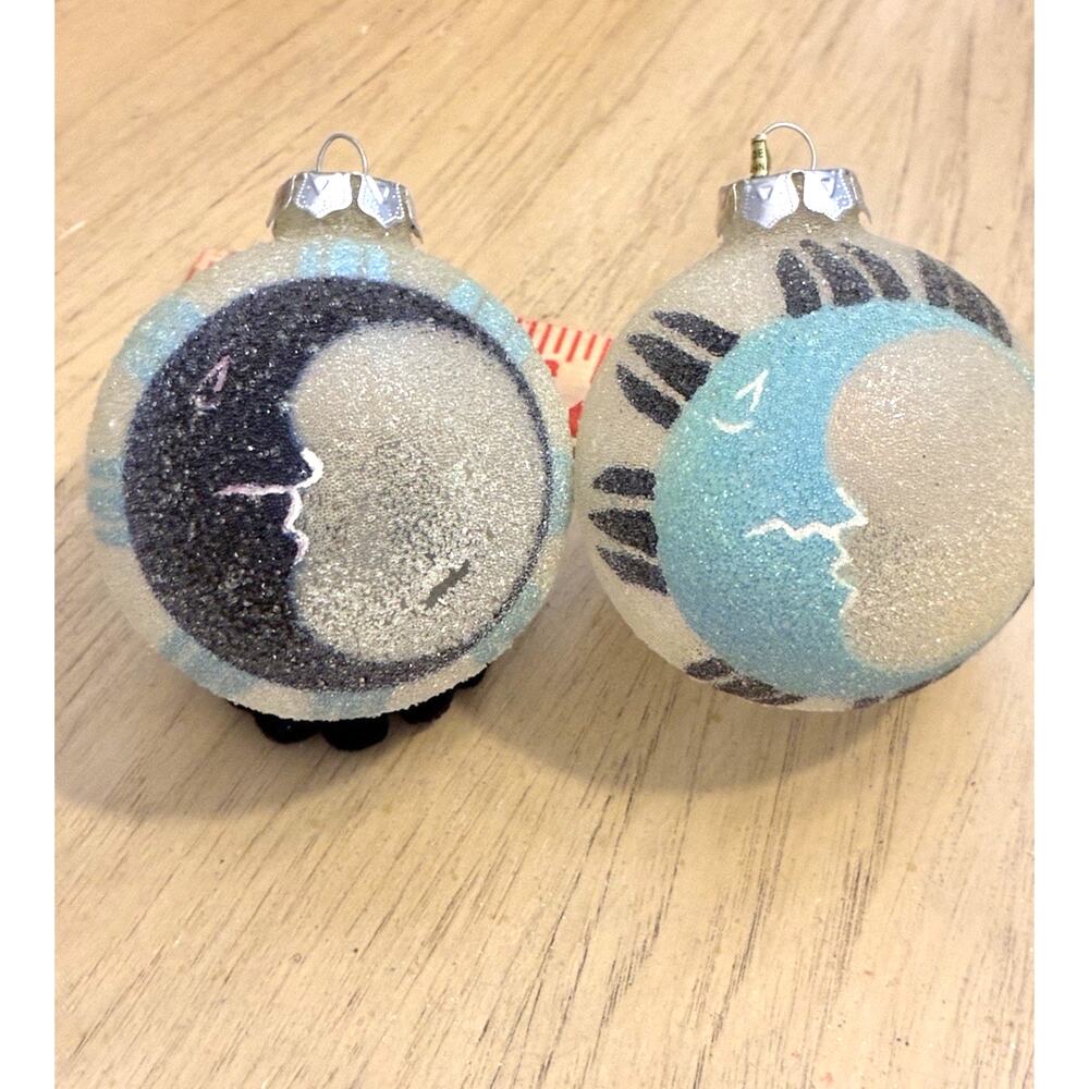 2 Moons Face Christmas ornaments Blown Glass Blue glittery Handmade Half Moons